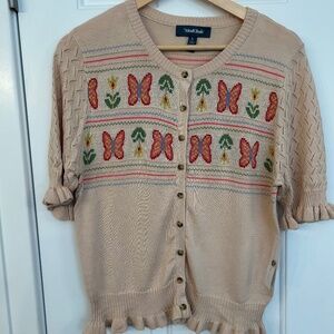 Modcloth lightweight butterfly sweater, NWT, button-up, with ruffles, size L